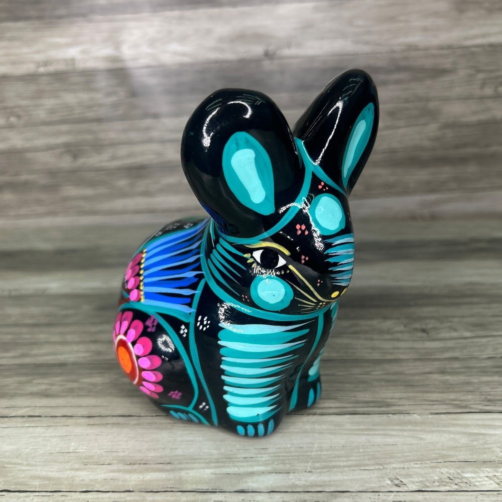 Mexican Folk Art Pottery Talavera Blue Bunny Rabbit Coin Bank-No Stopper